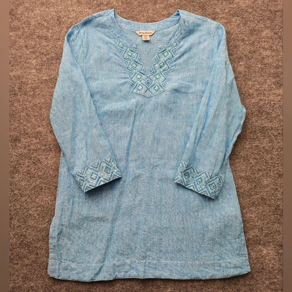 Tommy Bahama Linen Sequin Embellished Tunic‎ Top Small Petite S/P Light Blue